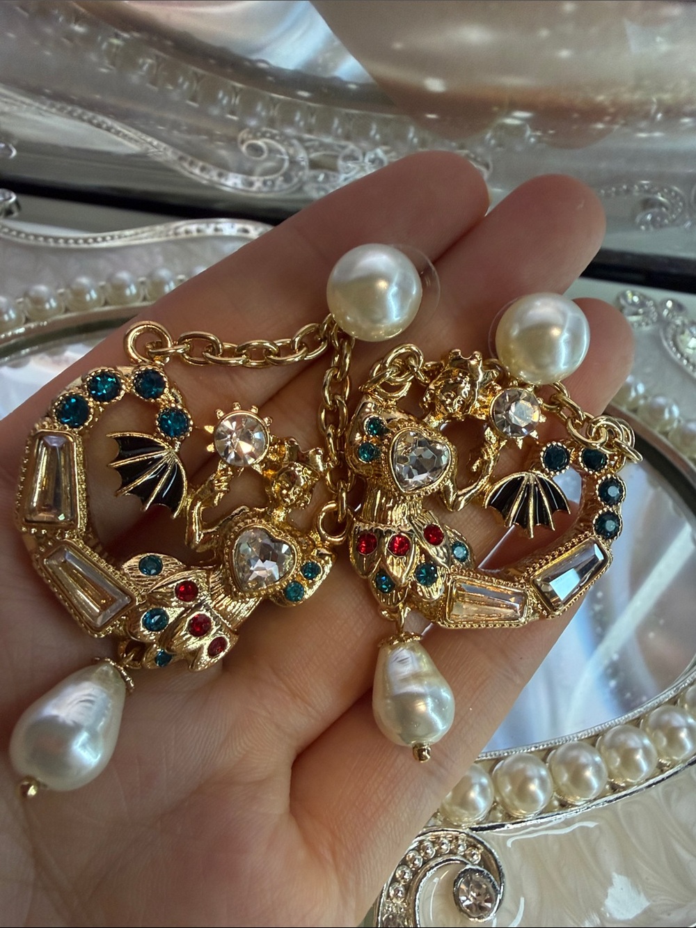 Gold-tone Pearl Drop Mermaid Shape Statement Earrings with Multicolor Accents - Picture 6 of 9